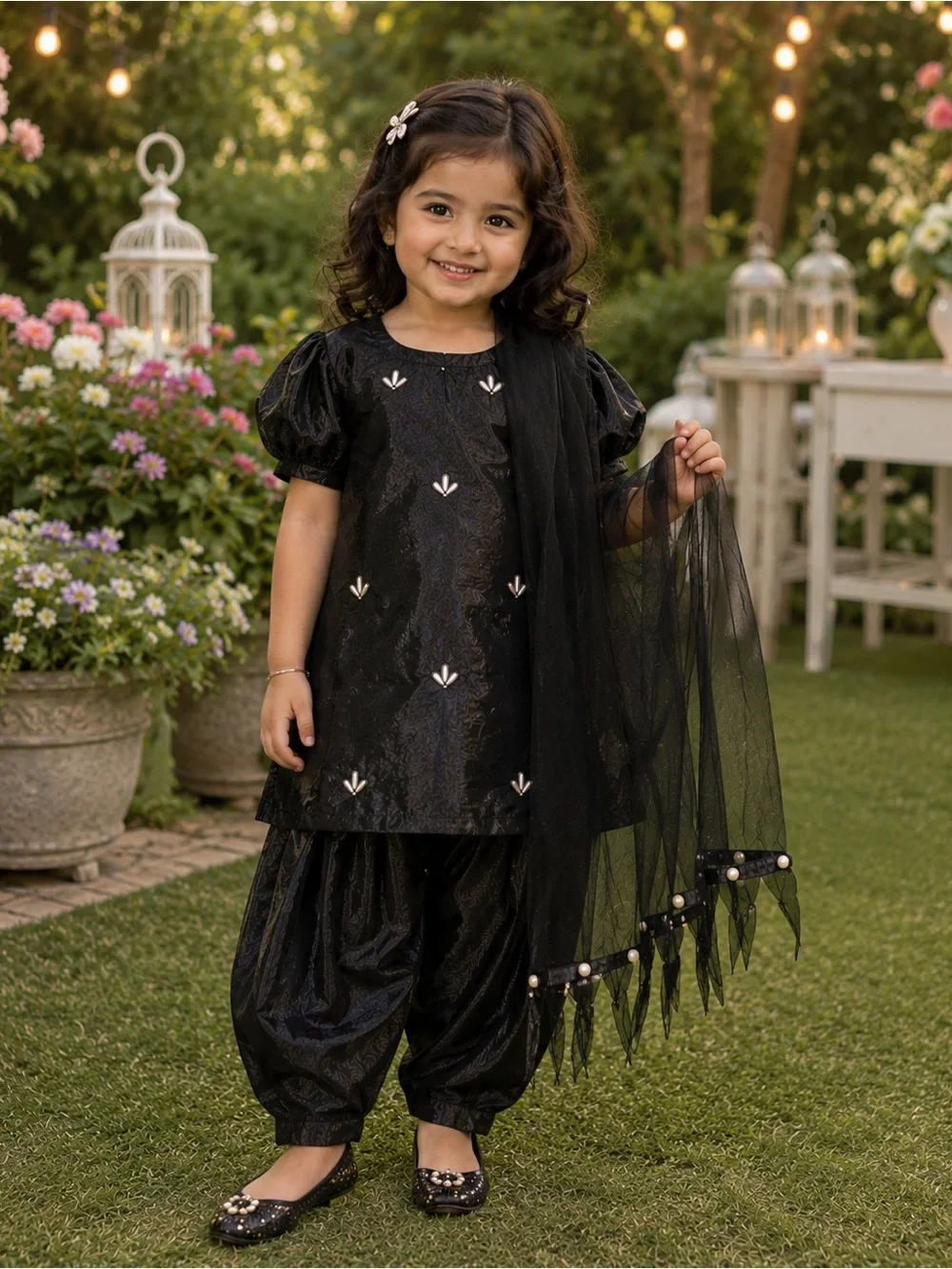 Black Kids Party Costume Set with Dupatta - Elegant Festive Outfit